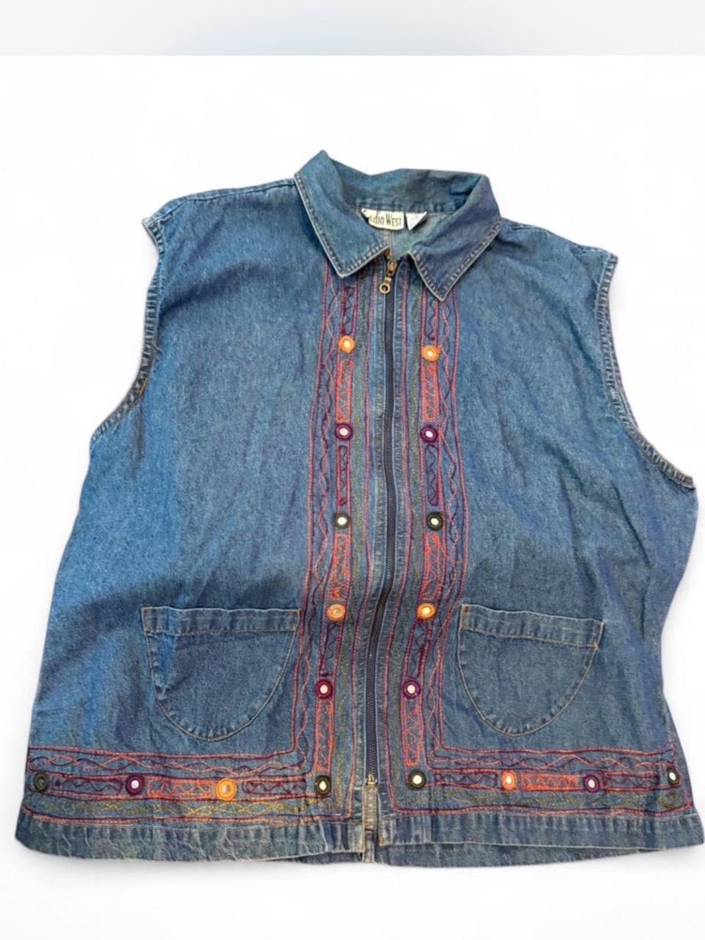 Vintage Studio West 3X Embroidered Denim Vest with Colorful Button Accents